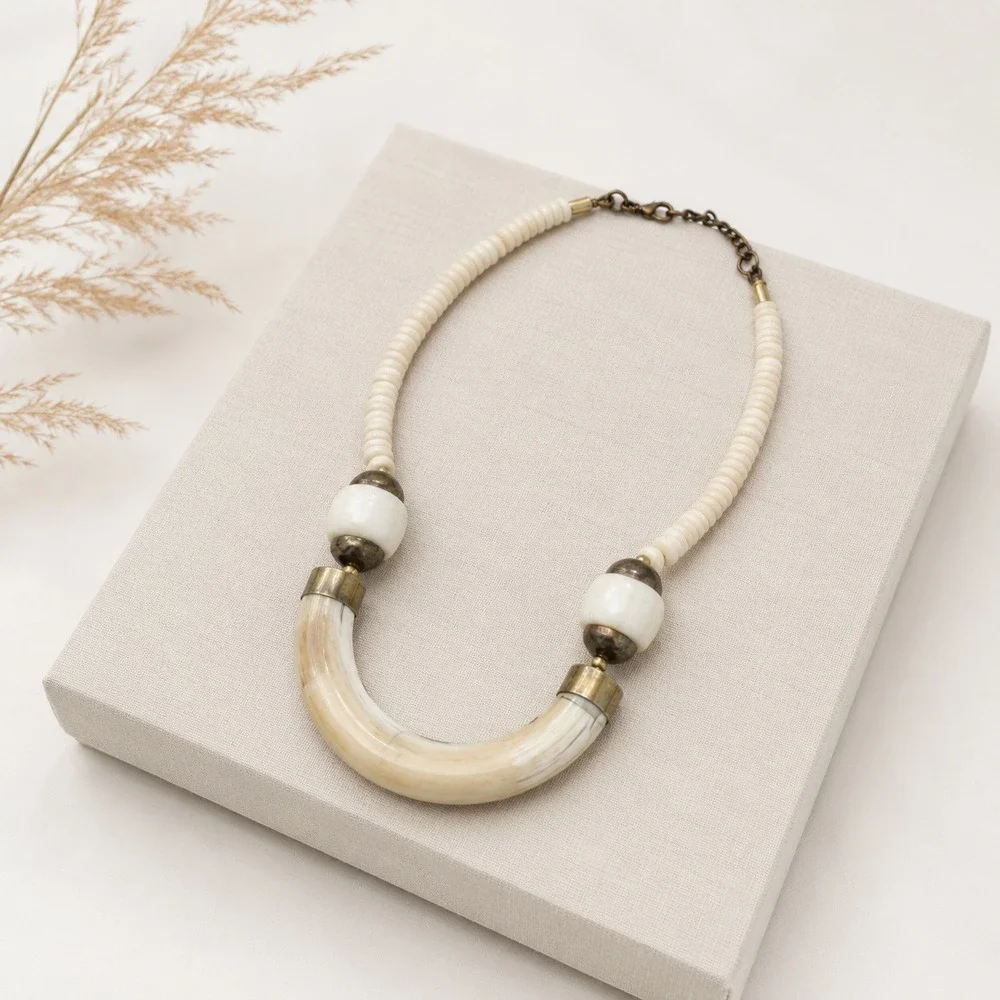 Vintage Tribal Safari Necklace Cream Natural Artisan Bone Bib Bohemian Statement